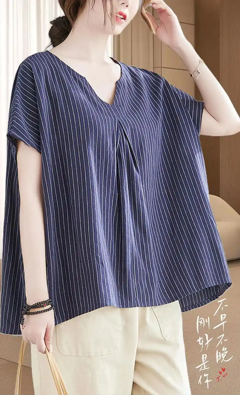 夏季新款棉麻条纹大码女装上衣,文艺复古v领短袖t恤胖mm宽松妈妈装