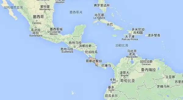 南北美洲之间区域,哥斯达黎加的位置