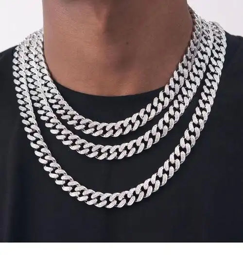 古巴链锆石项链嘻哈hiphop同款ins欧美满钻古巴项链银60cm