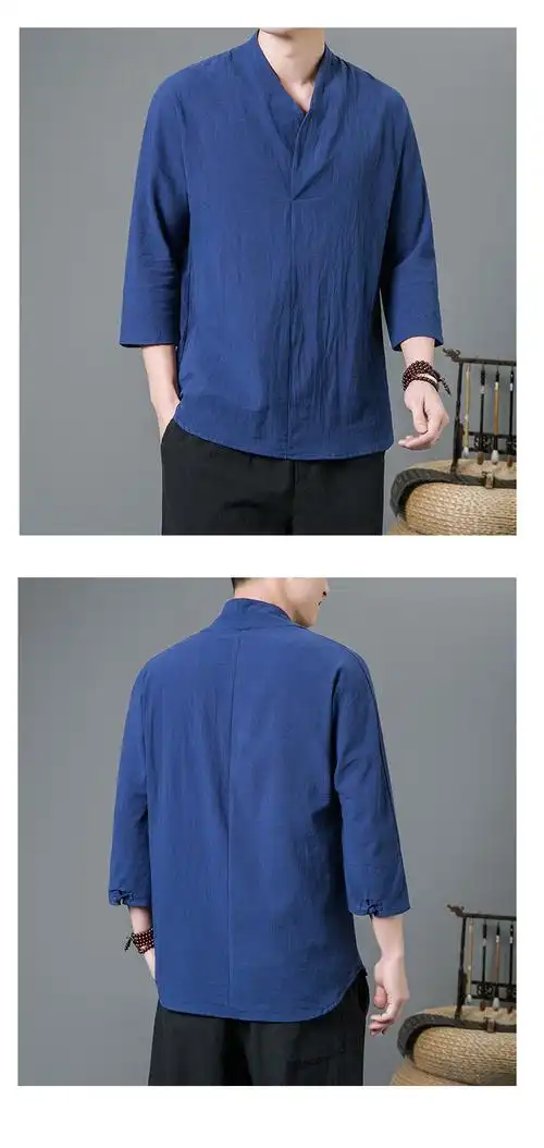 男士老粗布衣服中国风上衣男装居士服夏季唐装中式亚麻短袖七分袖棉麻