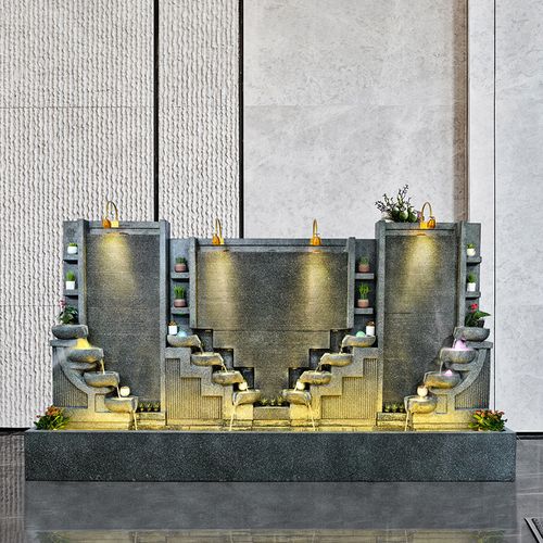 假山流水幕墙喷泉玄关生财酒店水景开店大厅摆件