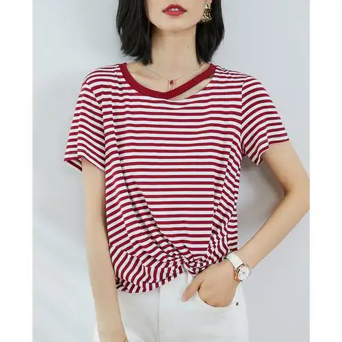 2020夏季新品上衣经典下摆交叉扭褶百搭时尚圆领女士条纹短袖t恤