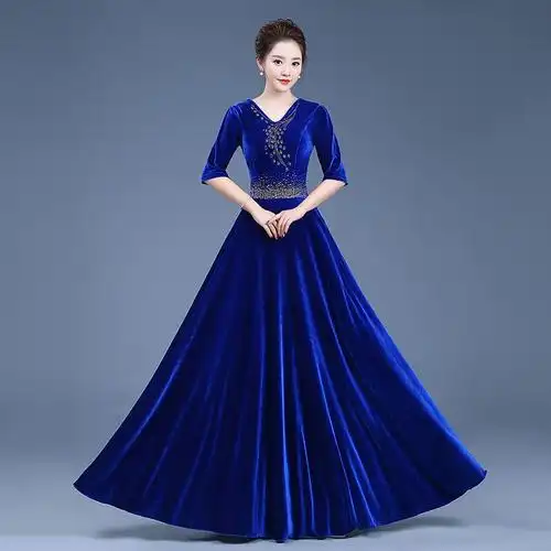 大合唱演出服女长裙中老年合唱团服装元旦指挥金丝绒长款礼服新款