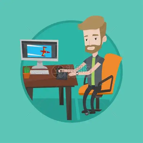 坐在办公桌前使用手绘板绘制图形的年轻设计师卡通矢量插画