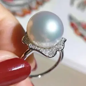 南洋澳白海水珍珠戒指18k金镶嵌钻石13-14mm正圆冷光豪华正品气质