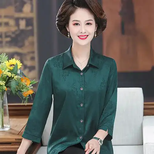 中年人衬衫女七分袖2022新款时尚上衣服中老年妈妈春装雪纺衬衣夏