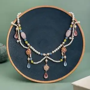 【碧空粉云】明制汉服软璎珞项圈复古天然粉水晶项链古风璎珞配饰