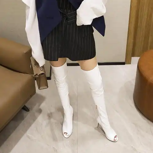 鱼嘴高跟鞋lisa同款鱼嘴长筒靴漆皮过膝露趾爵士高跟鞋 【10cm跟】亮