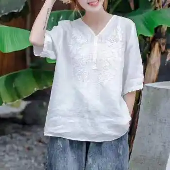 悉良麻布衣服女棉麻上衣女夏季新款复古文艺v领刺绣t恤宽松短袖衬衫