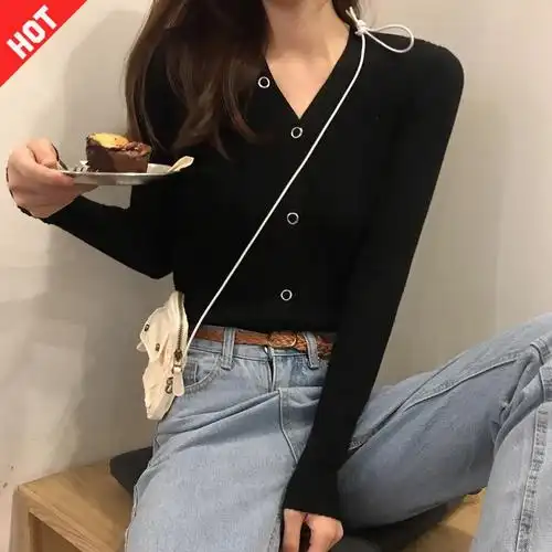 欧货2020春秋长袖黑色百搭低领针织开衫外搭毛衣女洋气打底衫外套