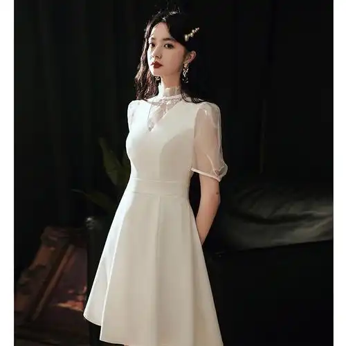 白色小个子晚礼服女宴会气质短款平时可穿端庄简单大方名媛连衣裙