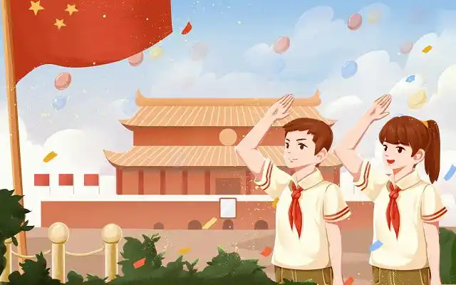 蓝色卡通学生天安门前敬礼国庆节手绘插画背景素材