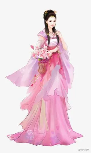挎着鲜花花篮的古风粉衣美人png素材透明免抠图片-动植人物
