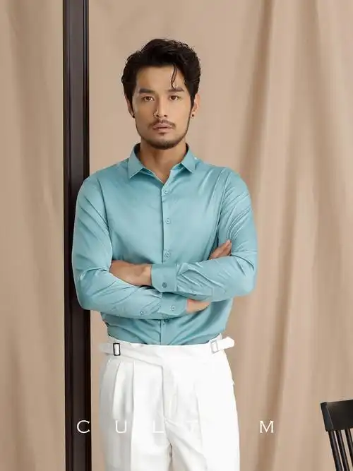 男装 中范仿丝绸修身衬衫男韩版商务休闲长袖新款免烫帅气潮流青年