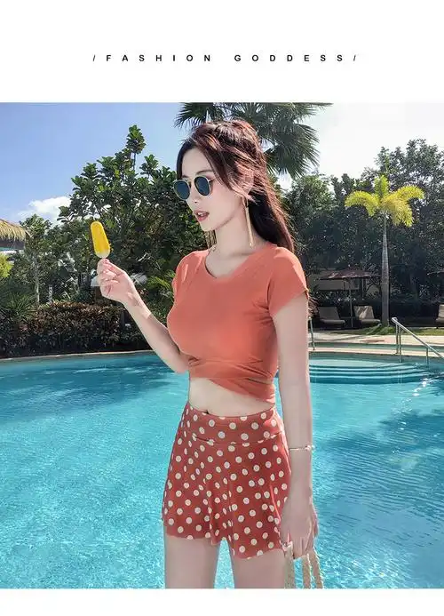 一件代发泳衣女保守分体平角游泳衣显瘦遮肚短袖运动大码温泉泳装