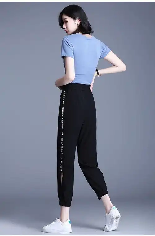 冰丝速干运动裤女夏季薄款哈伦裤高腰显瘦纱网加大码九分休闲裤子