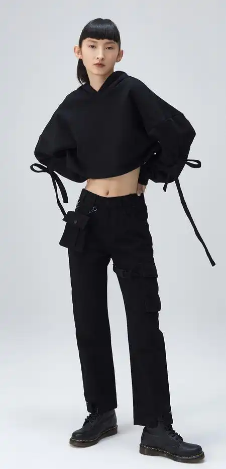 icy秋季新款街头风袖中系带连帽卫衣女灯笼袖宽松短款上衣长袖个性