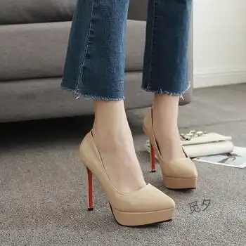 裸色高跟鞋漆皮春季款真软皮裸色厘米台高跟鞋女12细跟尖头不磨脚单鞋