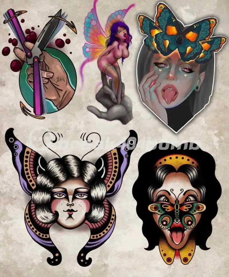 欧美oldschool纹身手稿,蝴蝶小图纹身 小图适合拼接花臂 #杭州纹身