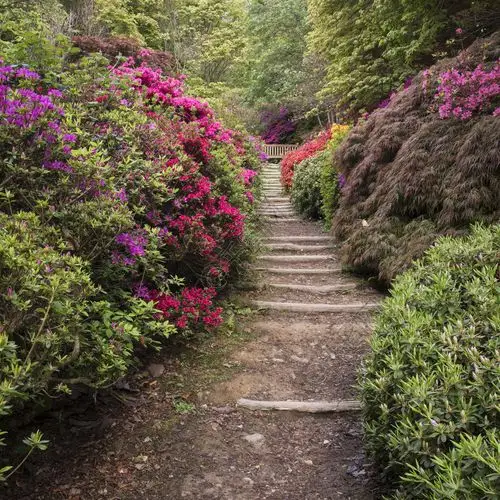小径边界的杜鹃花的美丽的风景图象在春天在英国开花自然风景免费下载