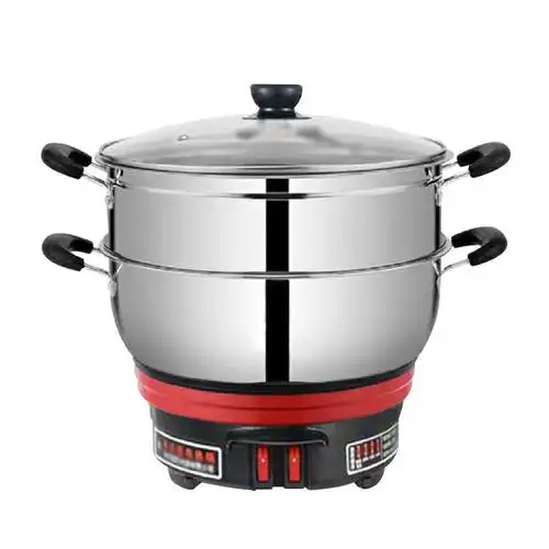 多功能电热锅加厚家用电火锅带蒸笼蒸锅不锈钢一体蒸锅煮锅炒锅 34cm