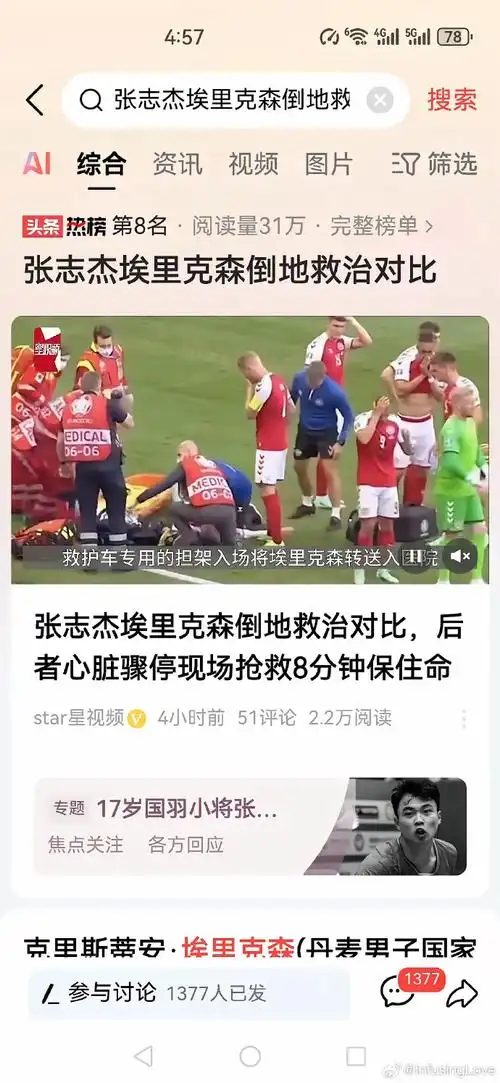 张志杰和丹麦的埃里克森倒地后救治对比