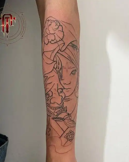 艺妓-线纹身图片_手臂新传统艺妓般若纹身图案