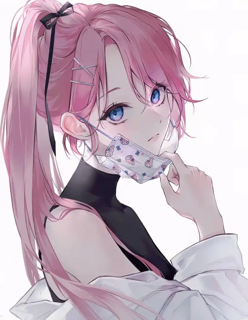 口罩高马尾粉毛少女,画师:daro#二次元女# #二次元美图# #我爱二次元