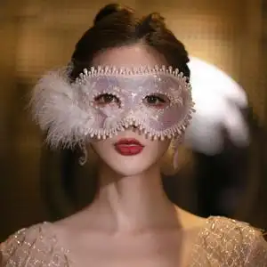 万圣节化妆舞会派对蒙面羽毛性感面纱蕾丝高档奢华白色新娘面具