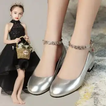 女童银色皮鞋儿童高跟鞋水钻公主鞋礼服鞋中大童模特走秀演出单鞋 银