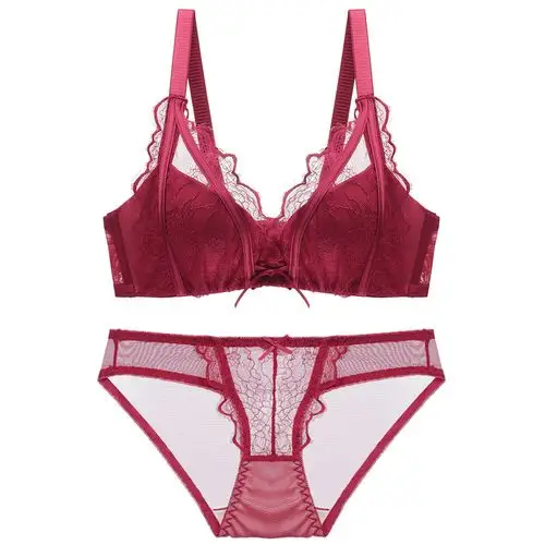 无钢圈文胸加厚小胸深v性感蕾丝边女士内衣套装聚拢胸罩火辣情趣