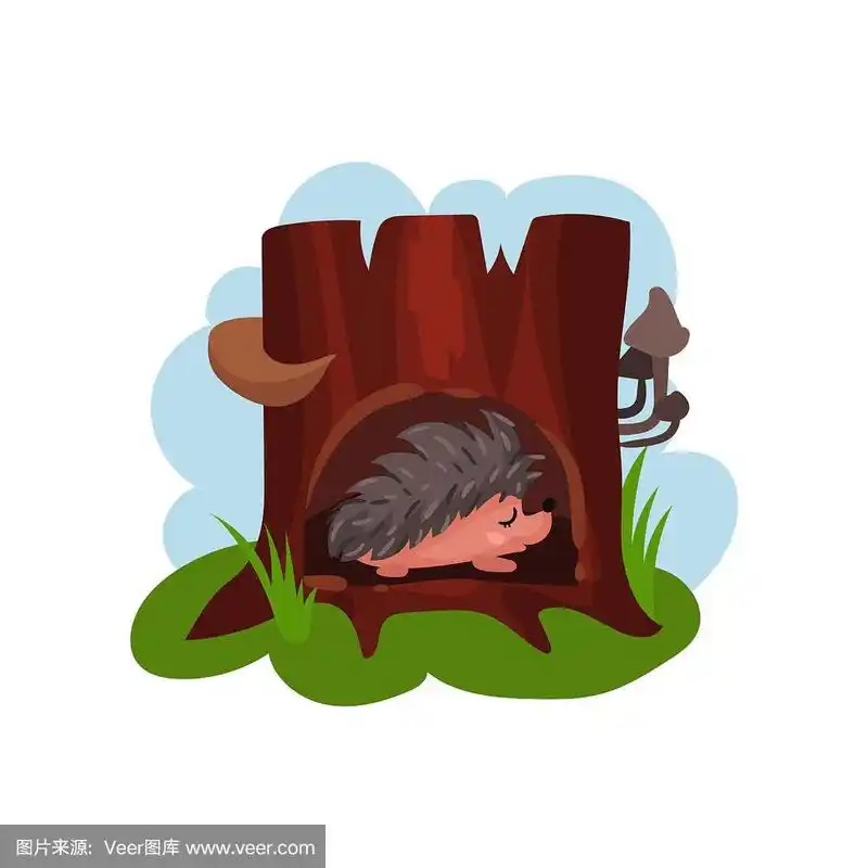 可爱的刺猬睡在树洞里