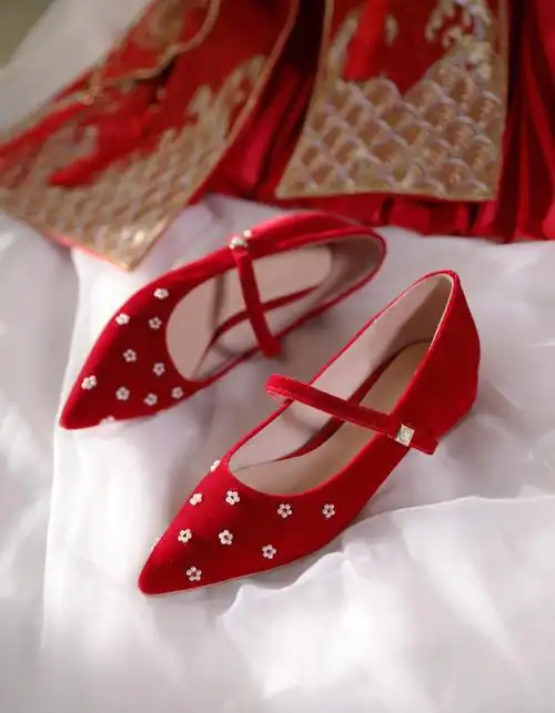 红色平底婚鞋少女心玛丽珍
