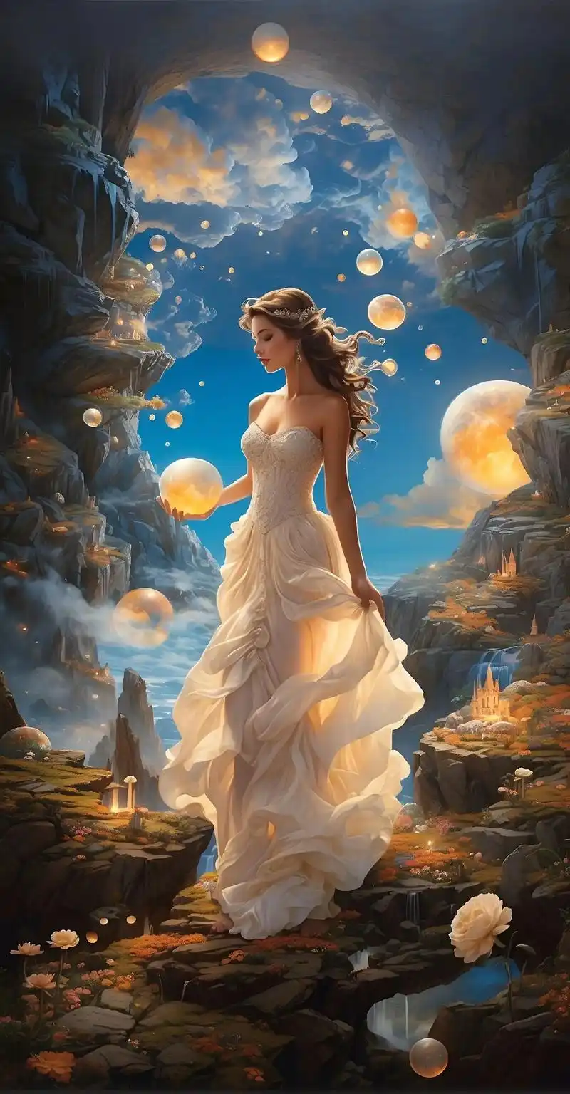 现实与想象交织的超现实梦境,沐浴在超凡脱俗的光芒中,柔和的天体光芒