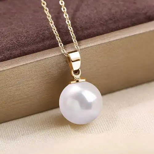 珍珠吊坠项链纯银扣头18k金单颗金珠天然贝珠女颈饰