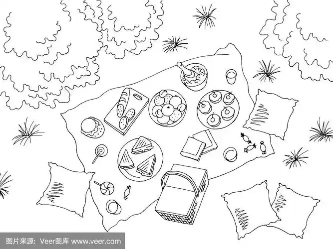 野餐视图从上面的图形黑白景观素描插图矢量