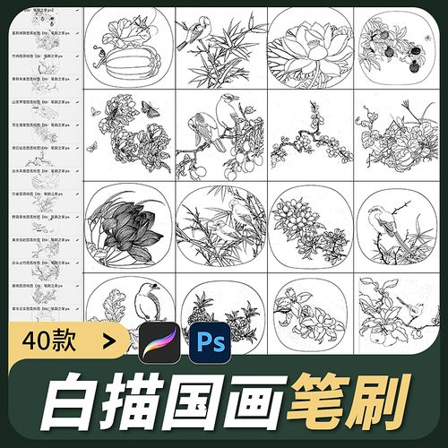 procreate笔刷ps临摹国画白描风景图线稿山水画花鸟图练习稿宋画