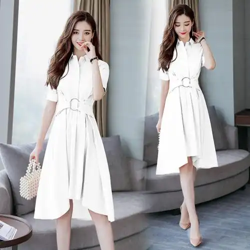 女士夏款新品女装韩版气质收腰修身衬衫a字裙粉色中长款连衣裙夏