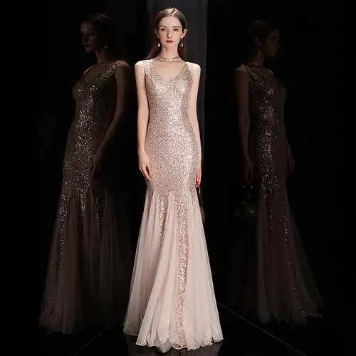大气晚礼服宴会气场高贵女王性感鱼尾亮片领派礼服