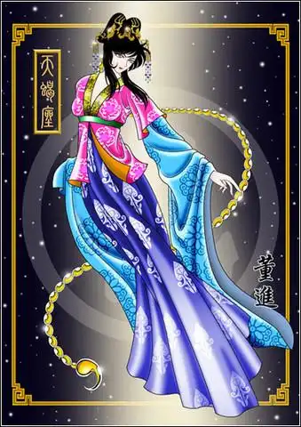 天蝎座画的是唐代舞女装束,半臂和大袖衫.拖金蝎尾.