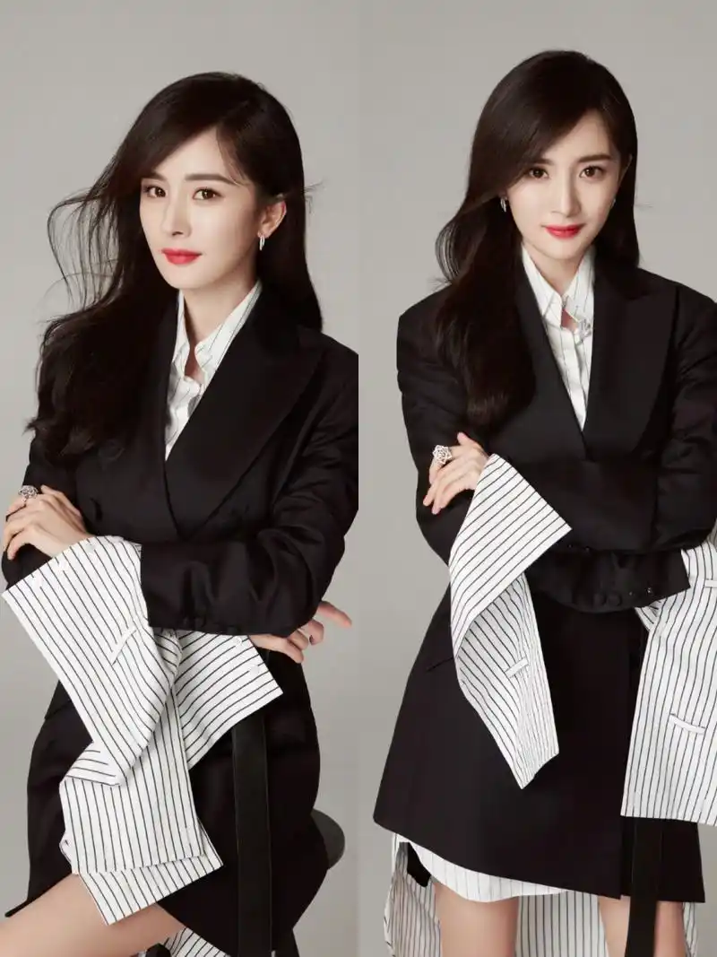 跟着私服女王杨幂学帅气西装穿搭 一身黑色西装look 干练利落,帅气