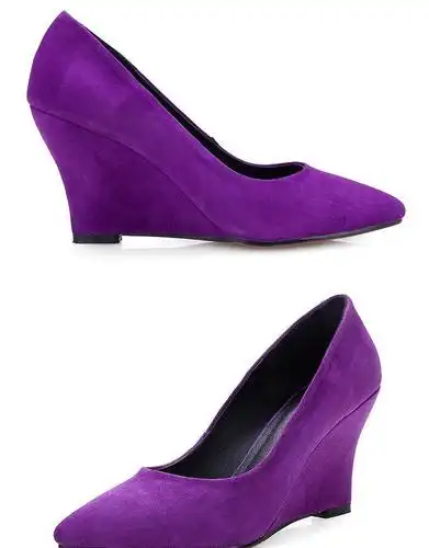 女鞋春秋女鞋真皮婚鞋紫色坡跟尖头工作浅口不累脚高跟单鞋 mzd