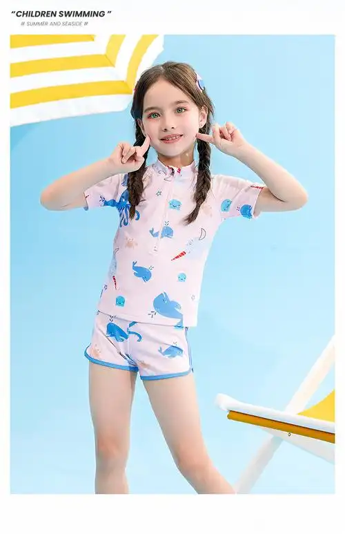 kappa儿童游泳衣女童短袖分体式可爱宝宝小孩大童泳装粉色连体kp2