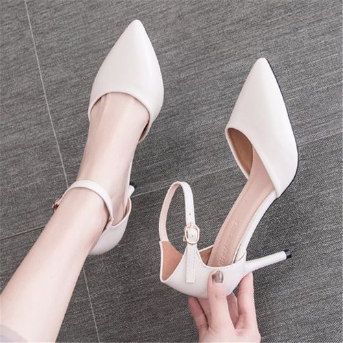 白色高跟鞋女细跟尖头一字扣带少女百搭2020年新款夏季小清新单鞋