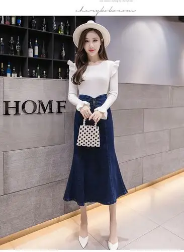 牛仔裙女2018秋装新款中长款半身裙高腰修身鱼尾裙包臀裙201