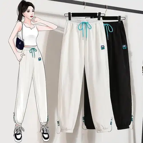 pass白色运动裤女夏薄款宽松束脚高腰休闲阔腿灯笼速干卫裤ins潮