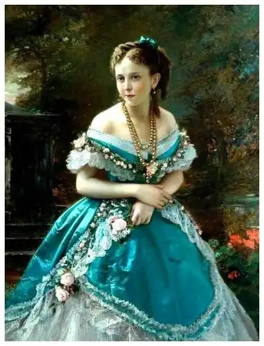 中世纪欧洲束腰的女子贵族少女日常着装蓝色华服细腰美人