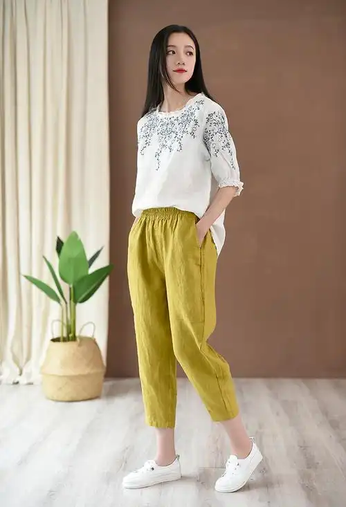 苎麻七分阔腿裤夏款棉麻女裤休闲直筒亚麻宽松哈伦小脚裤裤薄款 黄色