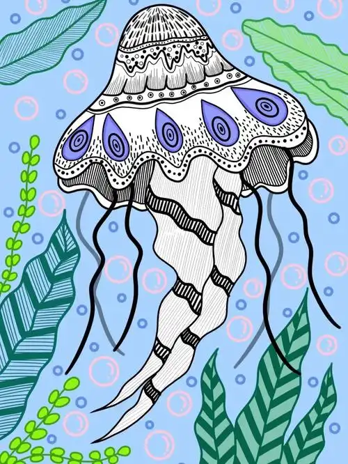 彩色线描/《水母》/儿童创意美术