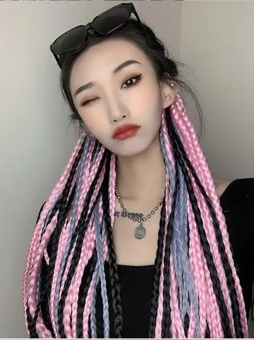 脏脏辫假发女机车彩色渐变小麻花辫子马尾双马尾假辫子发绳头饰09深